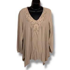 Large Spense Beige Tan Boho Top Vneck Floral Embroidery Bohemian